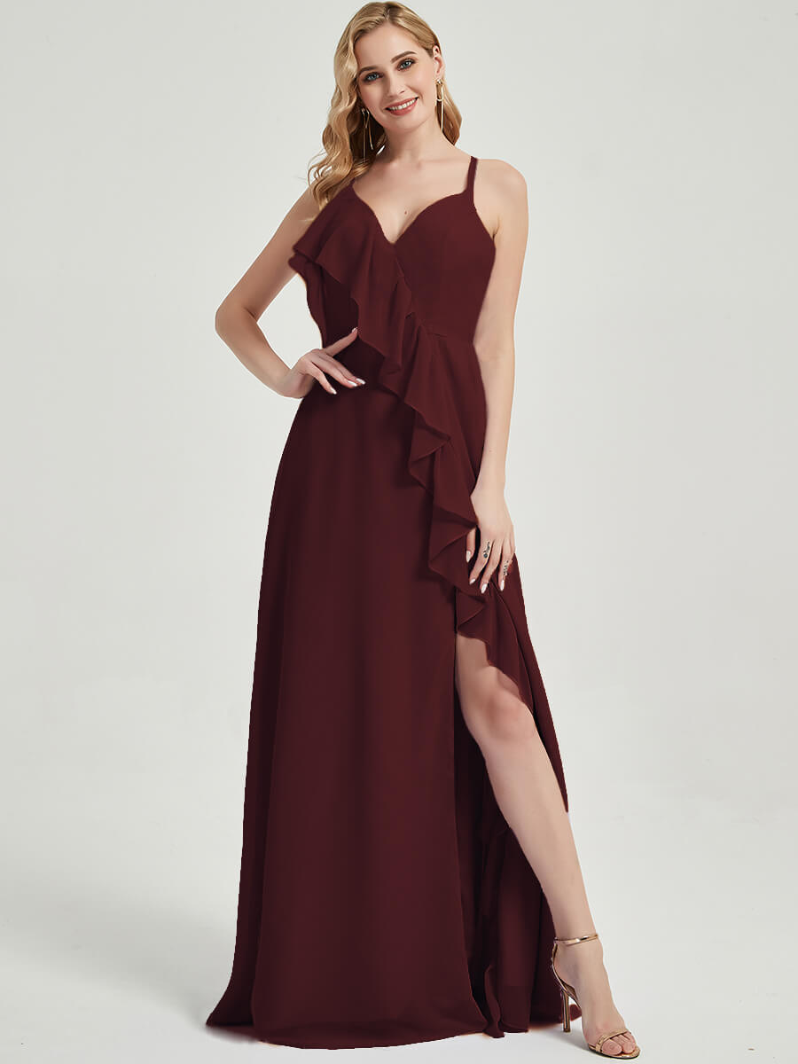 Floor length slit chiffon Fabric Bridesmaid Dress