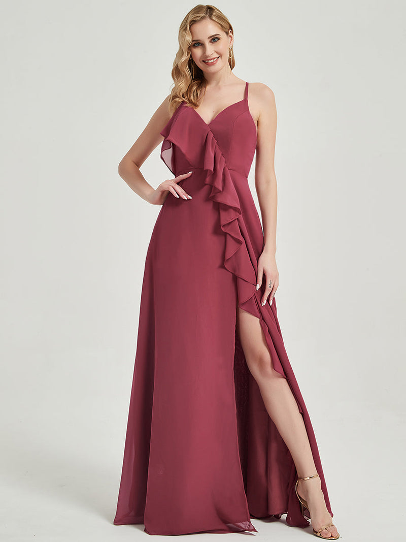 Floor length slit chiffon Fabric Bridesmaid Dress