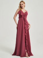 Floor length slit chiffon Fabric with mesmerizing cascading ruffles Bridesmaid Dress