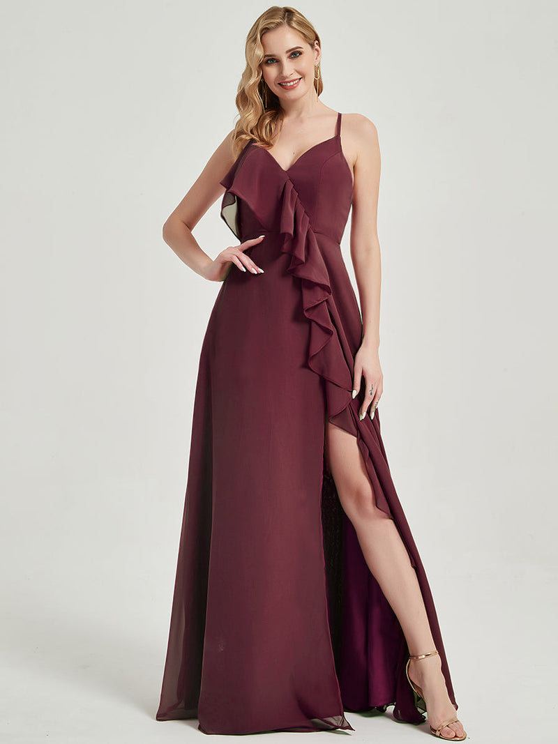 Floor length V-neckline and chiffon Fabric Bridesmaid Dress