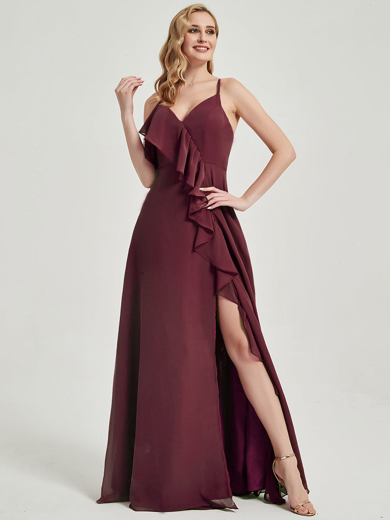 Floor length slit chiffon Fabric with mesmerizing cascading ruffles Bridesmaid Dress