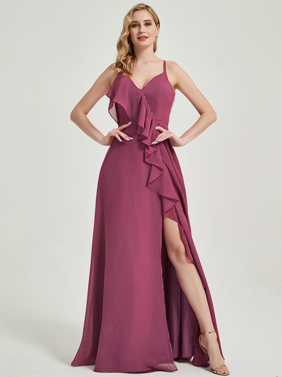 Floor length slit chiffon Fabric Bridesmaid Dress