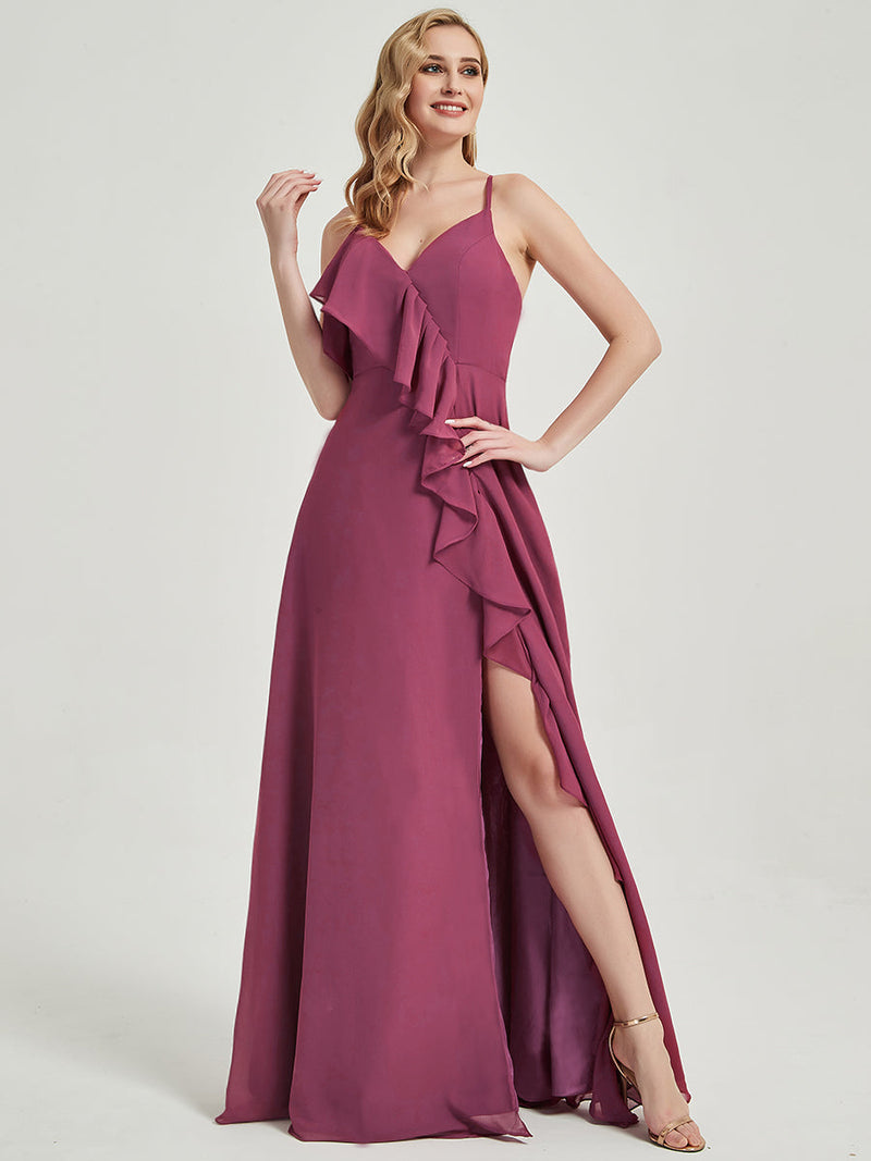 Floor length slit chiffon Fabric with mesmerizing cascading ruffles Bridesmaid Dress