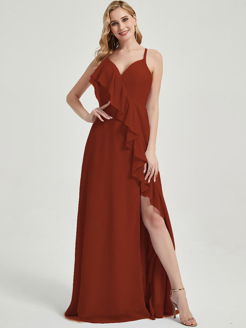 Floor length slit chiffon Fabric Bridesmaid Dress