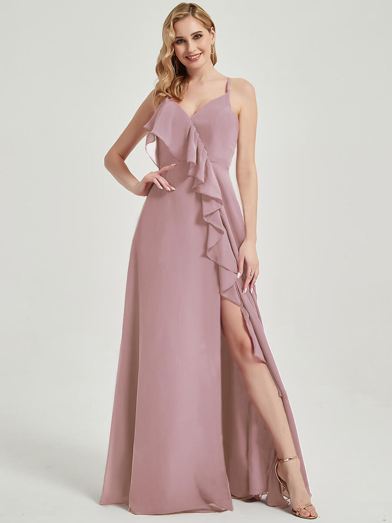 Floor length slit chiffon Fabric Bridesmaid Dress