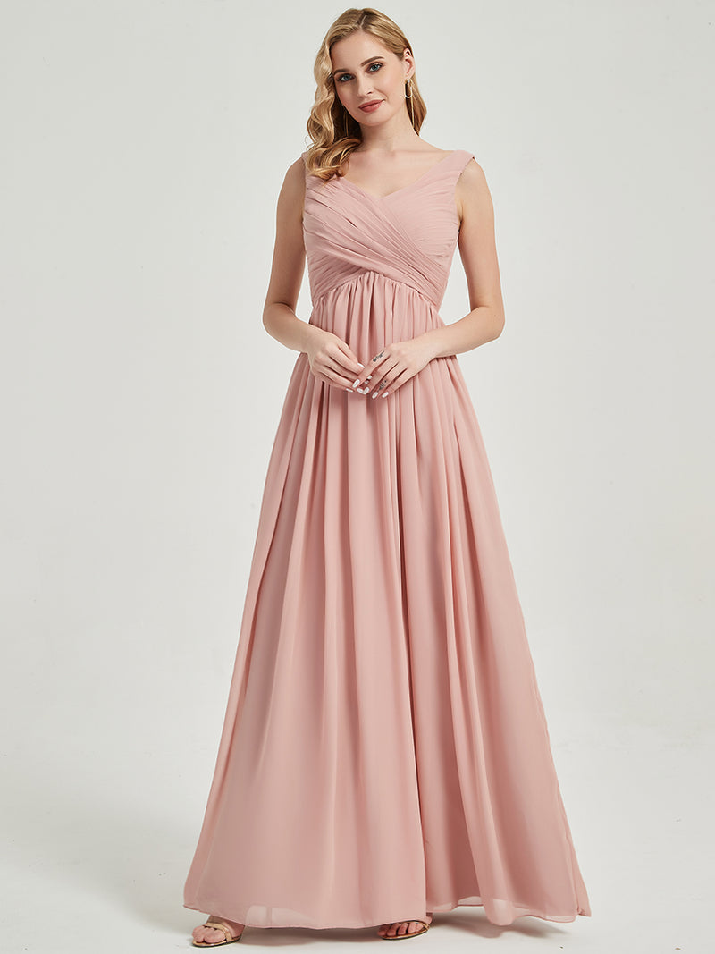 Dusty Pink V-Neck Backless Floor Length Chiffon Empire Bridesmaid Dress