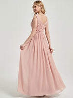 Dusty Pink V-Neck Backless Floor Length Chiffon Empire Bridesmaid Dress