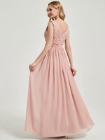 Dusty Pink V-Neck Backless Floor Length Chiffon Empire Bridesmaid Dress