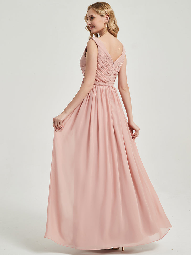 Dusty Pink V-Neck Backless Floor Length Chiffon Empire Bridesmaid Dress