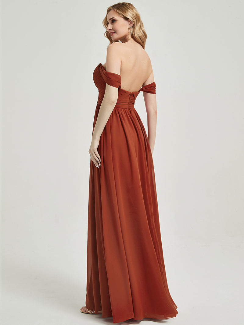 Rusty Red Pleated Convertible Maxi Chiffon Bridesmaid Dress