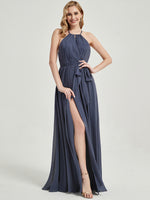 Halter Neck Slit Wrap Stormy Chiffon Bridesmaid Dress Floor Length