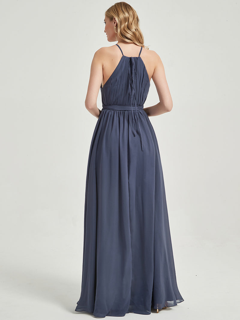 Halter Neck Slit Wrap Stormy Chiffon Bridesmaid Dress Floor Length