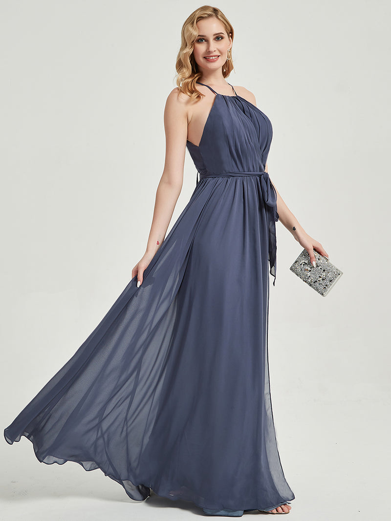 stormy blue bridesmaid dresses Stormy Blue Bridesmaid Dresses Flowy One Shoulder Long Sleeves Floor Length Chiffon Bridesmaid Dresses