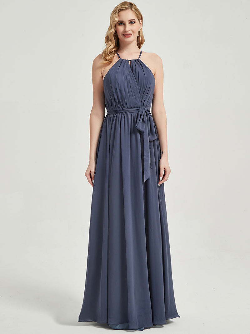 Halter Neck Slit Wrap Stormy Chiffon Bridesmaid Dress Floor Length