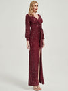 Burgundy Sequin Long Sleeves Maxi Mermaid Evening Dress With Slit