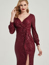 Burgundy Sequin Long Sleeves Maxi Mermaid Evening Dress With Slit