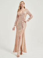 Champagne Gold Sequin Long Sleeves Maxi Mermaid Evening Dress With Slit