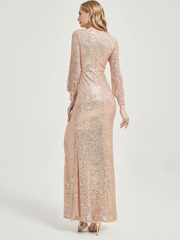 Champagne Gold Sequin Long Sleeves Maxi Mermaid Evening Dress With Sli