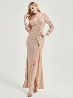 Champagne Gold Sequin Long Sleeves Maxi Mermaid Evening Dress With Slit