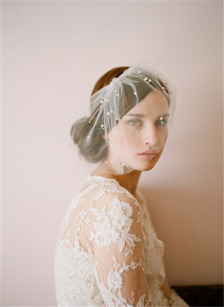 Tulle Beach Wedding Bridal Short Veil with Pearls V002xmj