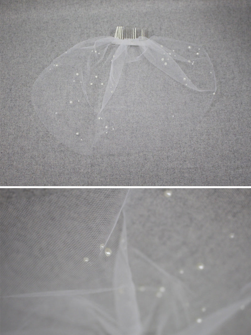 Tulle Beach Wedding Bridal Short Veil with Pearls V002xmj
