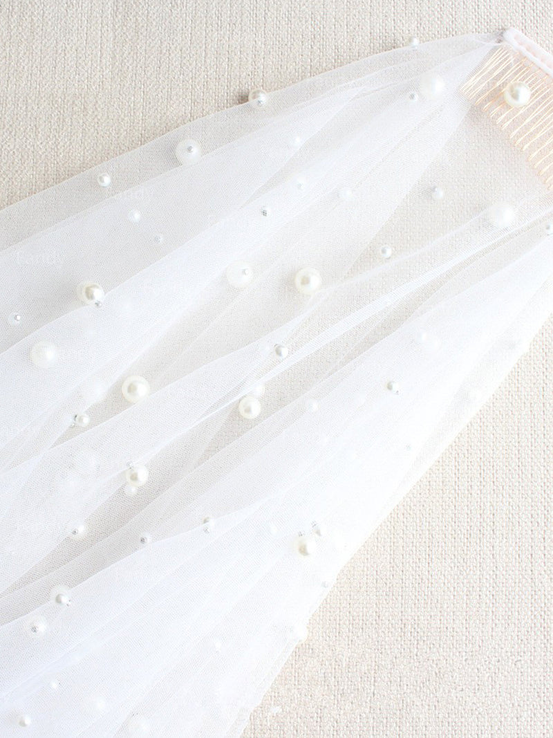 2-Layers Tulle Midi Wedding Veil With Pearls V607xmj