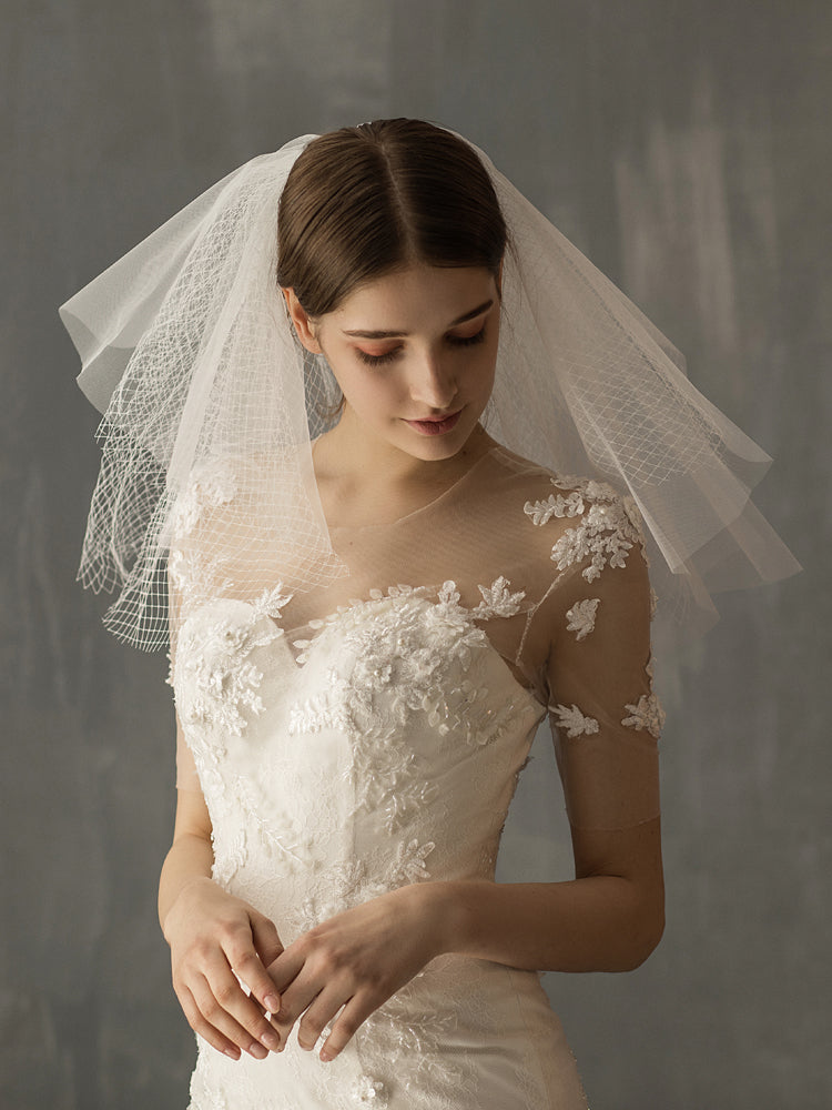 Vintage Fluffy Short Mesh Bridal Veil with V623xmj