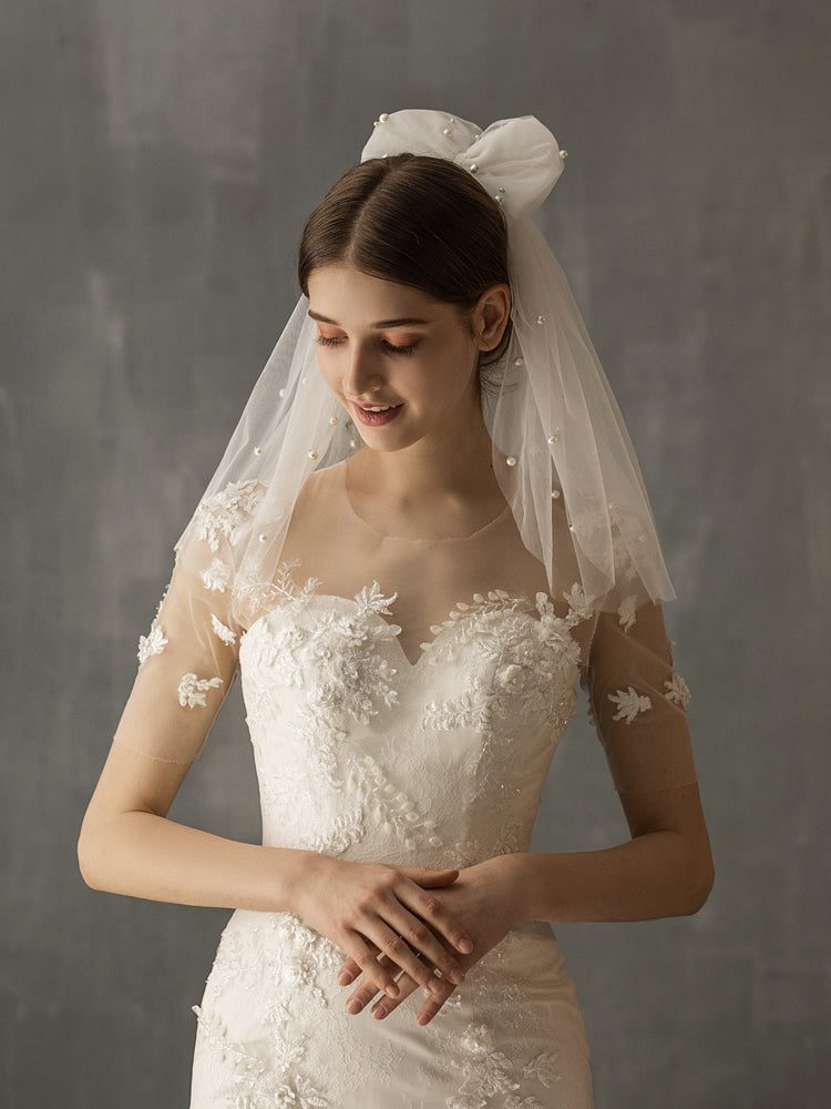 Lovely Short Tulle Wedding Bridal Veil With Pearls V629xmj