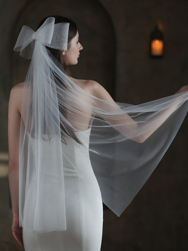 Bowtie Pearls Lovely Tulle Wedding Bridal Veil V849xmj