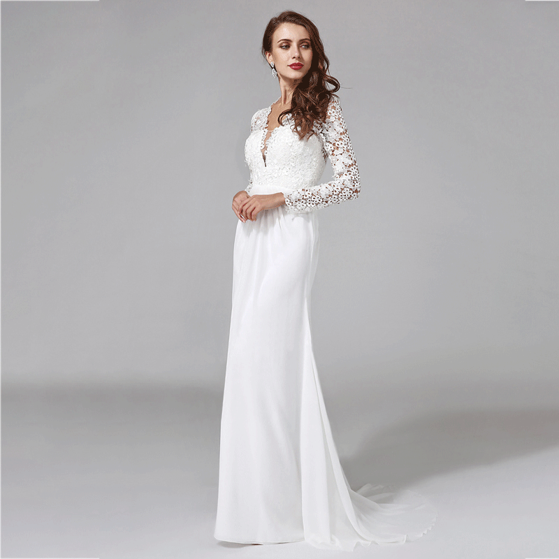 NZ Bridal Flower White Lace Long Sleeves Sexy Deep V-neck High Waist Plus Size Bridal Dress