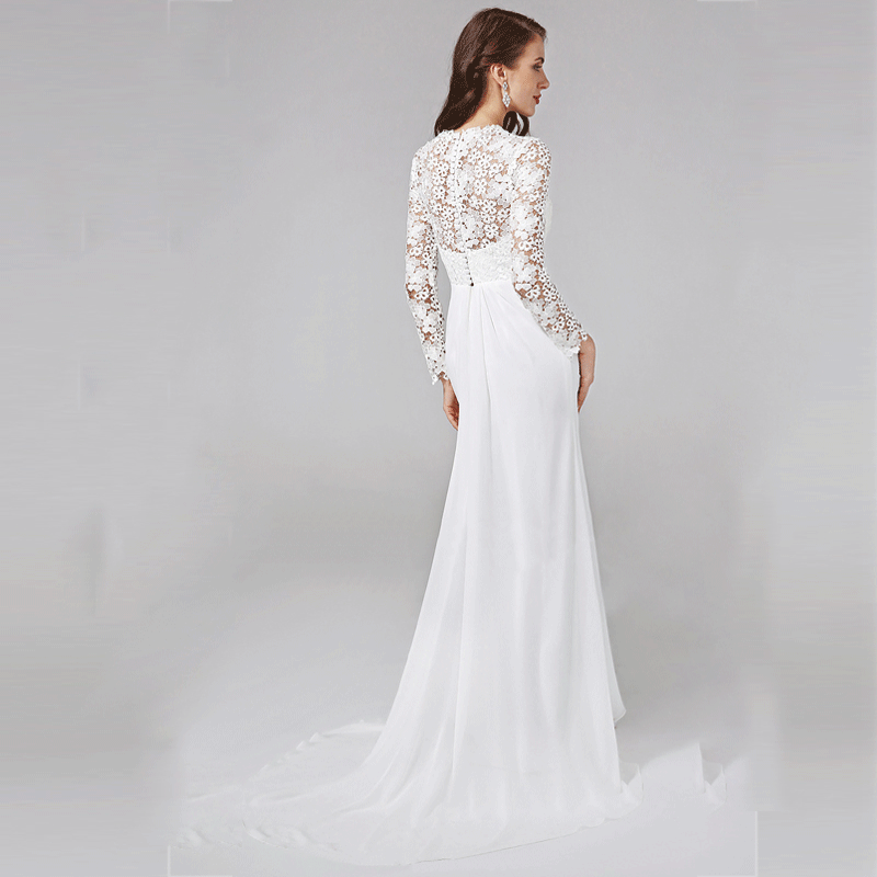 NZ Bridal Flower White Lace Long Sleeves Sexy Deep V-neck High Waist Plus Size Bridal Dress