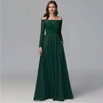 NZ Bridal Dark Green Off The Shoulder Plus Size Lace Long Sleeves Chiffon Evening Dresses