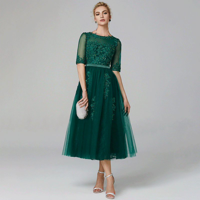 NZ Bridal Plus Size Illusion Lace Tea Length Dress Half Sleeves Cocktail Party Dresses