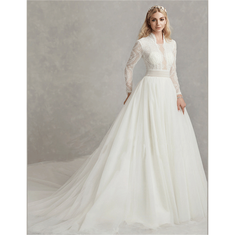 NZ Bridal [Final Sale]Beading Embroidery Stand Collar Long Sleeves Lace Plus Size Wedding Dress
