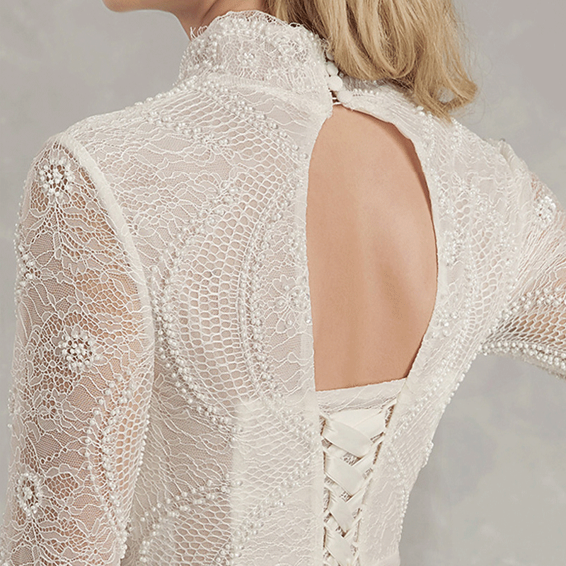 NZ Bridal [Final Sale]Beading Embroidery Stand Collar Long Sleeves Lace Plus Size Wedding Dress