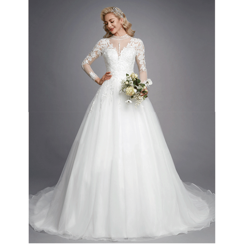 NZ Bridal [Final Sale]Illusion V-neckline Plus Size Embroidery Applique Sequin Mesh Wedding Dress