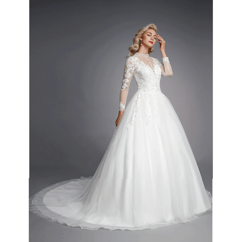 NZ Bridal [Final Sale]Illusion V-neckline Plus Size Embroidery Applique Sequin Mesh Wedding Dress