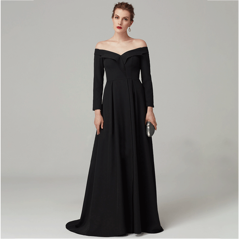 NZ Bridal Plus Size Black Off The Shoulder Long Sleeve Evening Gown Formal Dresses