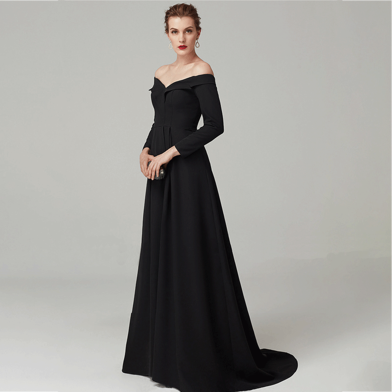 NZ Bridal Plus Size Black Off The Shoulder Long Sleeve Evening Gown Formal Dresses