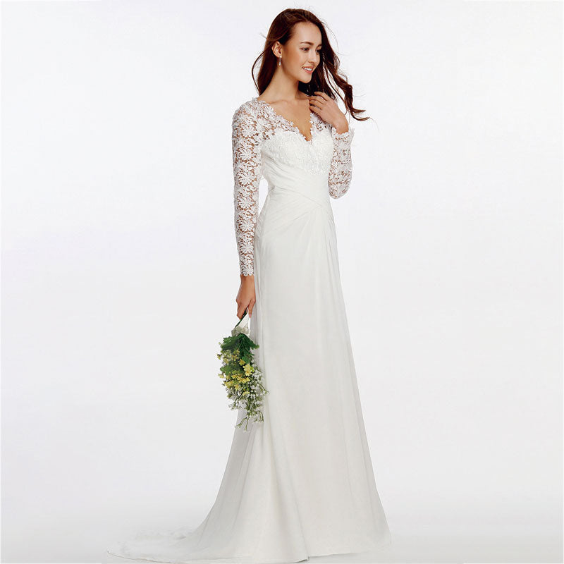 NZ Bridal Plus Size V-neckline Embroidery Lace Long Sleeve Faux Wrap Waist Wedding Gown