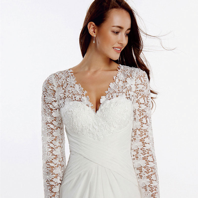 NZ Bridal Plus Size V-neckline Embroidery Lace Long Sleeve Faux Wrap Waist Wedding Gown