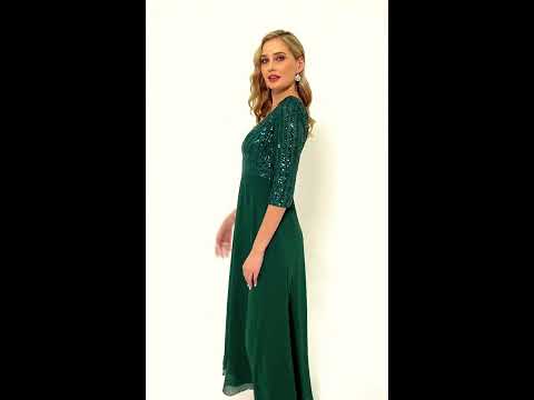 Emerald Green  3/4 Sleeve V-Neck Sequin Chiffon Formal Evening Dress
