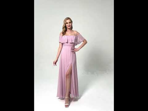 Mauve Convertible Ruffle Sleeves Chiffon Maxi Slit Bridesmaid Dresses