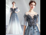 Blue Grey Gradient Bell-sleeves Applique A-line Ball Gown