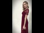 Burgundy Leaf Sequined V Neck Ruffle Sleeves Chiffon Evening Dress